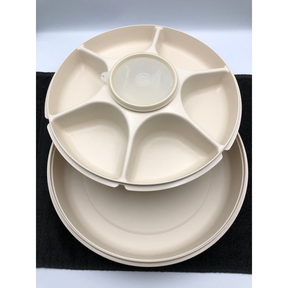 Vintage Tupperware Serving Center 1665 1666 1667 215 Almond Veggie Dip Tray Set